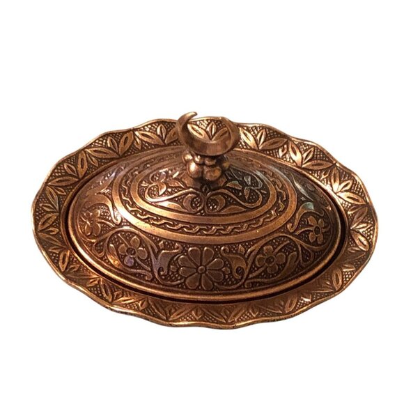 Turkish Coffee Delight Candy Dish Copper Color Ornate Lid and Tray - Picture 3 of 10